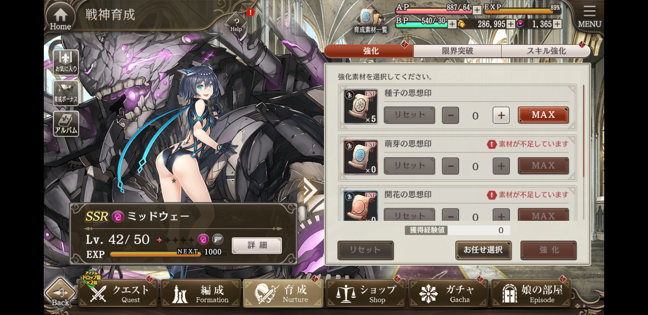 ミナシゴノシゴトRの戦神育成画面